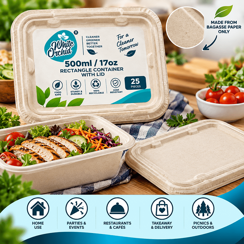 Application of Bagasse Rectangular Container Lid 500 ml in hotels, restaurants and offices - White Orchid