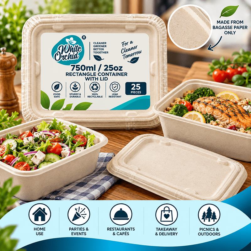 Application of Bagasse Rectangular Container Lid 750 ml in hotels, restaurants and offices - White Orchid