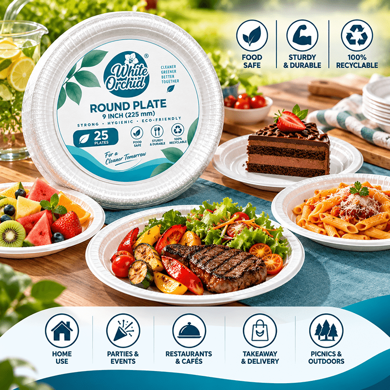 Application of Bagasse Round Plate 9 Inch in hotels, restaurants and offices - White Orchid