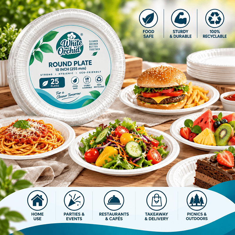 Application of Bagasse Round Plate 10 Inch in hotels, restaurants and offices - White Orchid