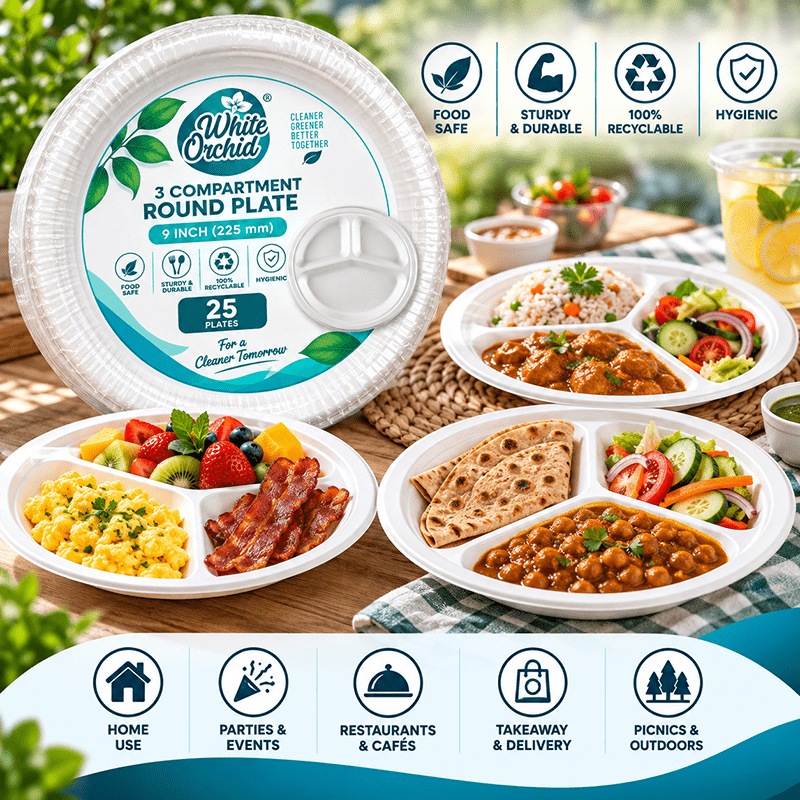 Application of Bagasse 3 Compartment Round Plate 9 Inch in hotels, restaurants and offices - White Orchid