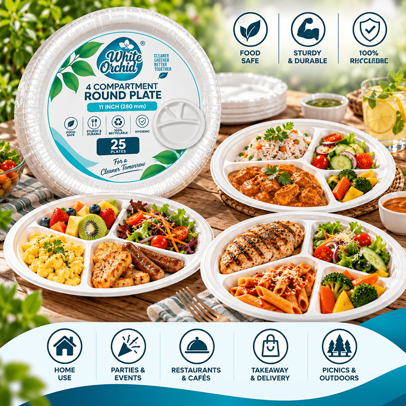 Application of Bagasse 4 Compartment Round Plate 11 Inch in hotels, restaurants and offices - White Orchid