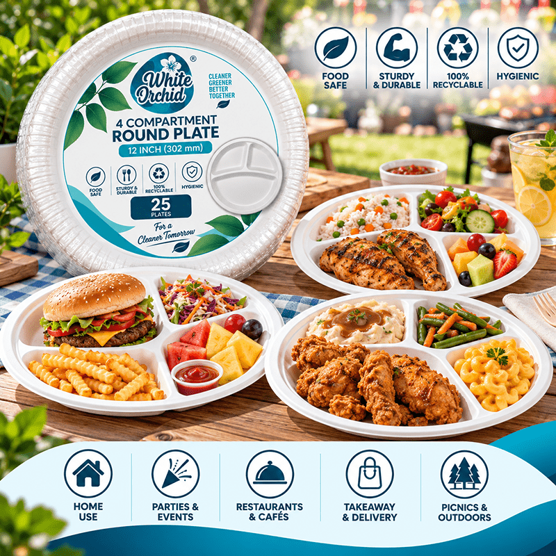 Application of Bagasse 4 Compartment Round Plate 12 Inch in hotels, restaurants and offices - White Orchid