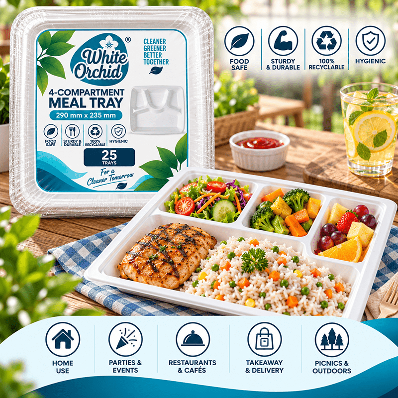 Application of Bagasse 4 Compartment Meal Tray in hotels, restaurants and offices - White Orchid