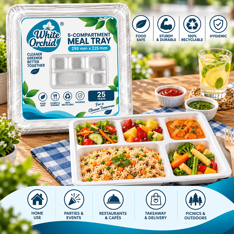 Application of Bagasse 5 Compartment Meal Tray in hotels, restaurants and offices - White Orchid