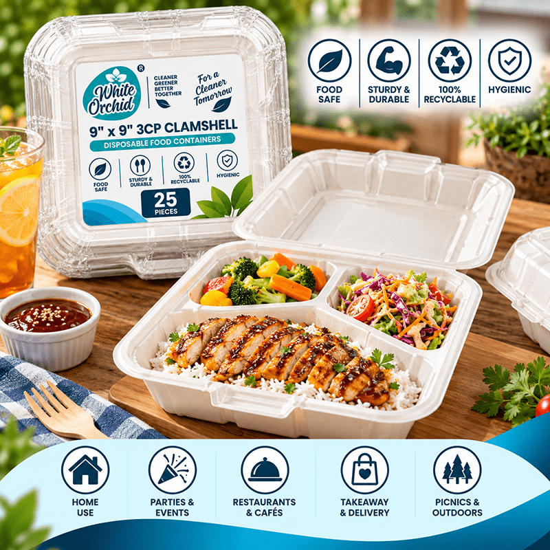 Application of Bagasse Clamshell 9 x 9 Inch 3 Compartment in hotels, restaurants and offices - White Orchid