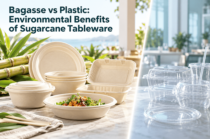 Bagasse vs plastic tableware comparison with sugarcane plates and bowls