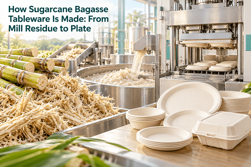 Sugarcane bagasse tableware manufacturing process from pulp to moulded plate
