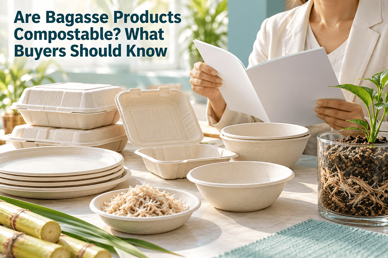 Compostable bagasse plates and bowls breaking down in a compost heap