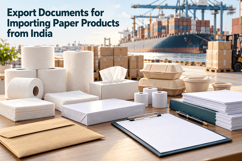 Export documents for importing paper products from India on an office desk