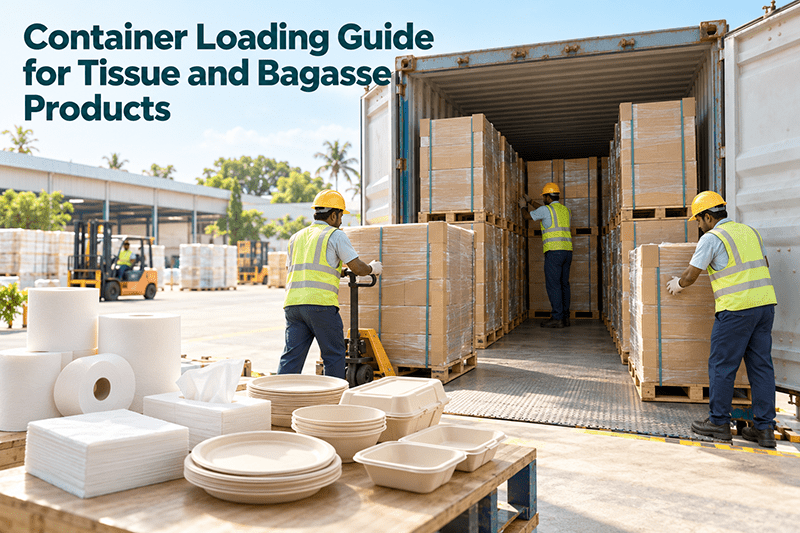 Container loading guide for tissue rolls and bagasse tableware cartons