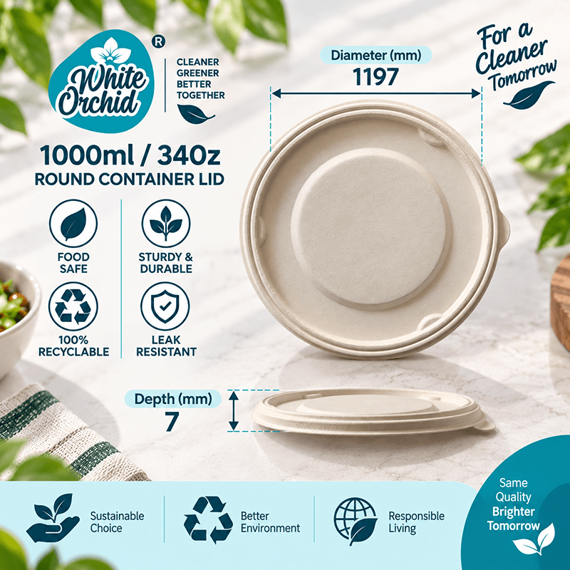 Bagasse Round Container Lid 1000 ml manufacturer and exporter in Ahmedabad India - White Orchid close up