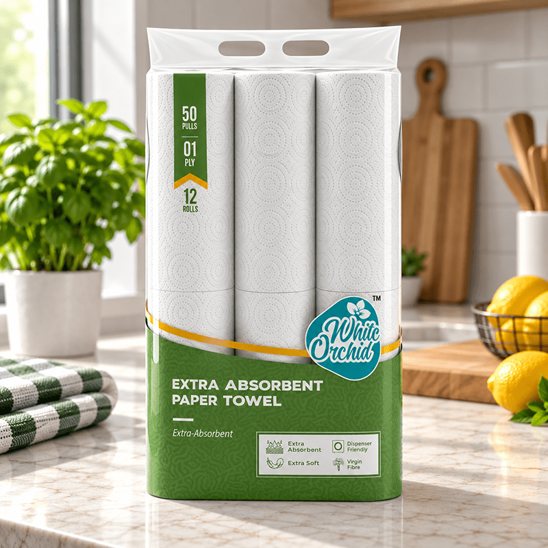 Extra Absorbent Paper Towel pack of 12 rolls exporter from India to Saudi Arabia - White Orchid