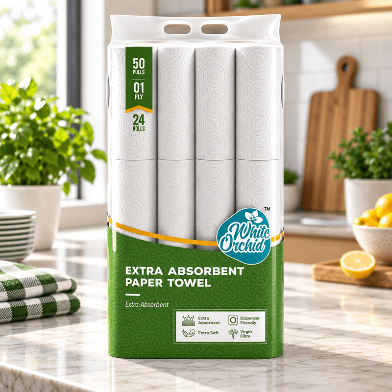 Extra Absorbent Paper Towel pack of 24 rolls exporter from India to Australia - White Orchid