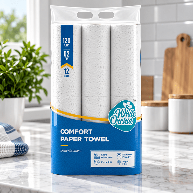 Comfort Paper Towel pack of 12 rolls exporter from India to Saudi Arabia - White Orchid
