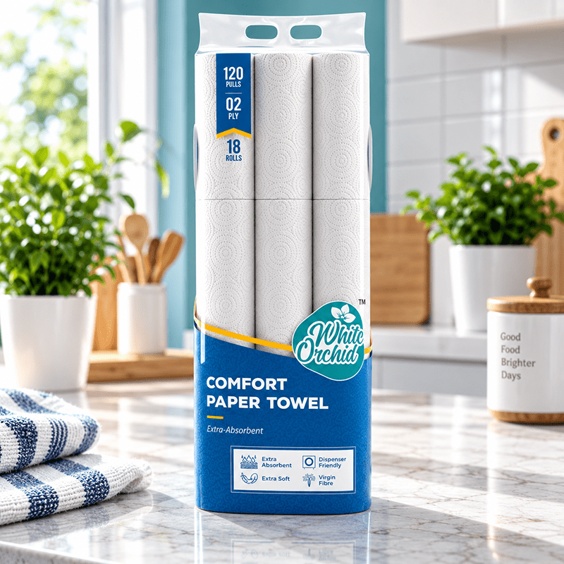 Comfort Paper Towel pack of 18 rolls exporter from India to Canada - White Orchid