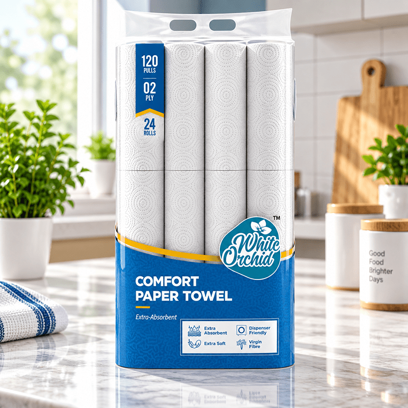 Comfort Paper Towel pack of 24 rolls exporter from India to Australia - White Orchid