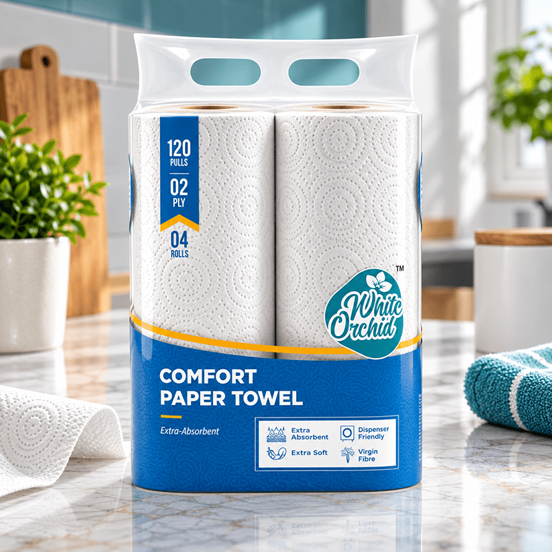 Comfort Paper Towel pack of 4 rolls exporter from India to UK - White Orchid