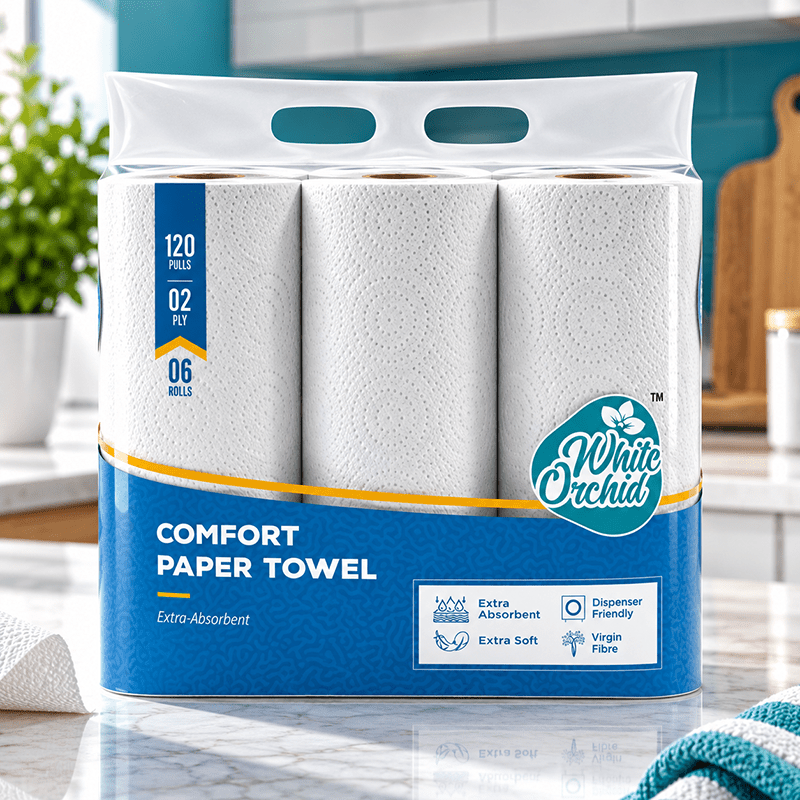 Comfort Paper Towel pack of 6 rolls exporter from India to UAE - White Orchid