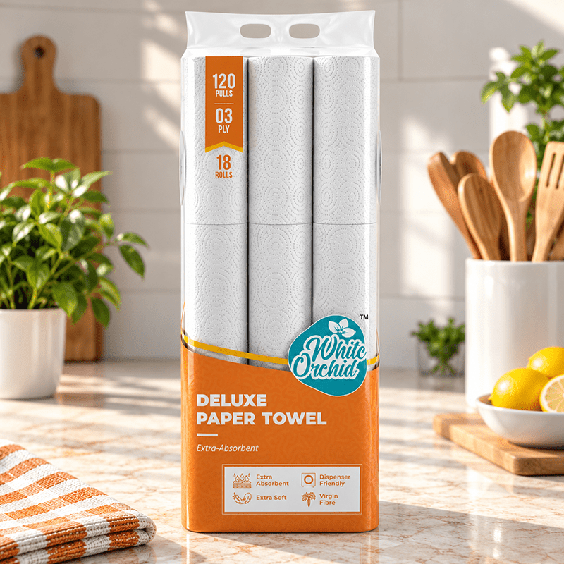 Deluxe Paper Towel pack of 18 rolls exporter from India to Canada - White Orchid
