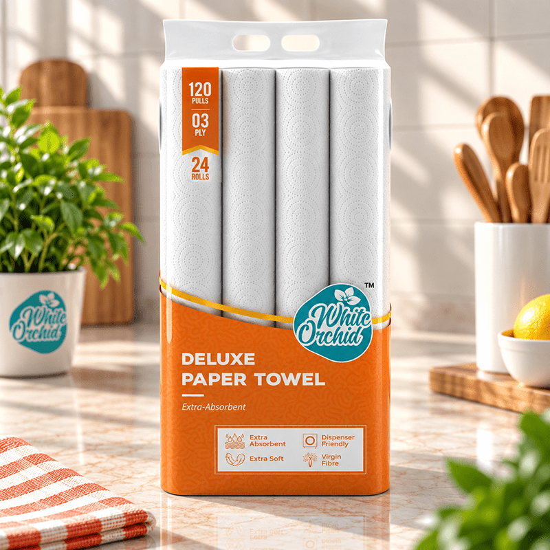 Deluxe Paper Towel pack of 24 rolls exporter from India to Australia - White Orchid