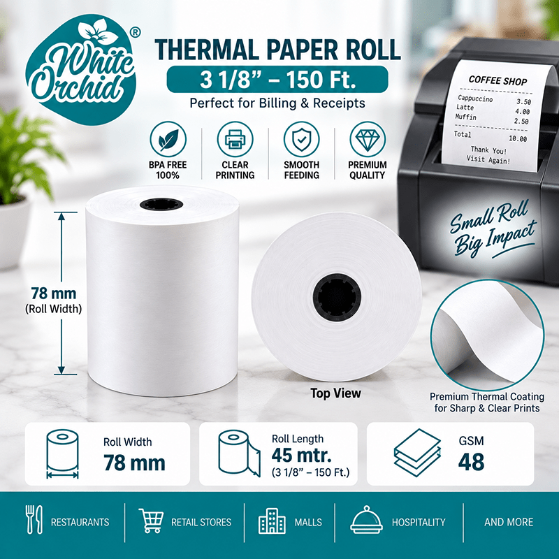 Thermal Roll 3 1/8 Inch x 150 ft manufacturer and exporter in Ahmedabad India - White Orchid close up