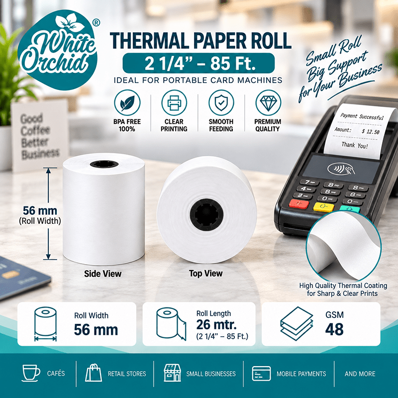 Thermal Roll 2 1/4 Inch x 85 ft manufacturer and exporter in Ahmedabad India - White Orchid close up