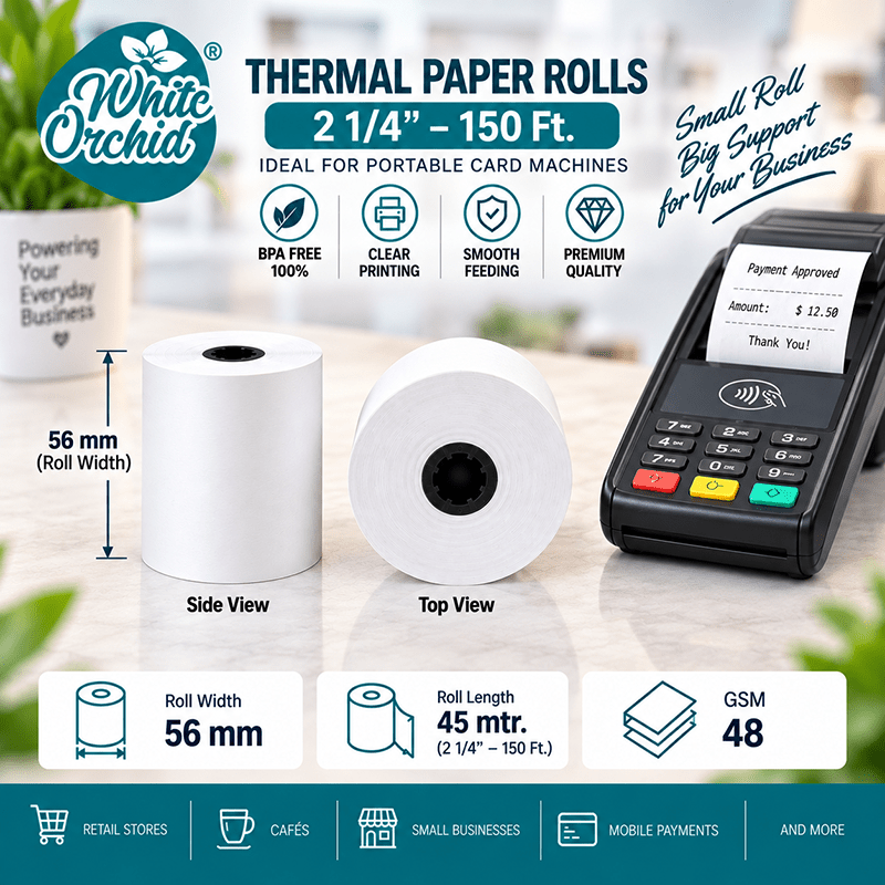Thermal Roll 2 1/4 Inch x 150 ft manufacturer and exporter in Ahmedabad India - White Orchid close up