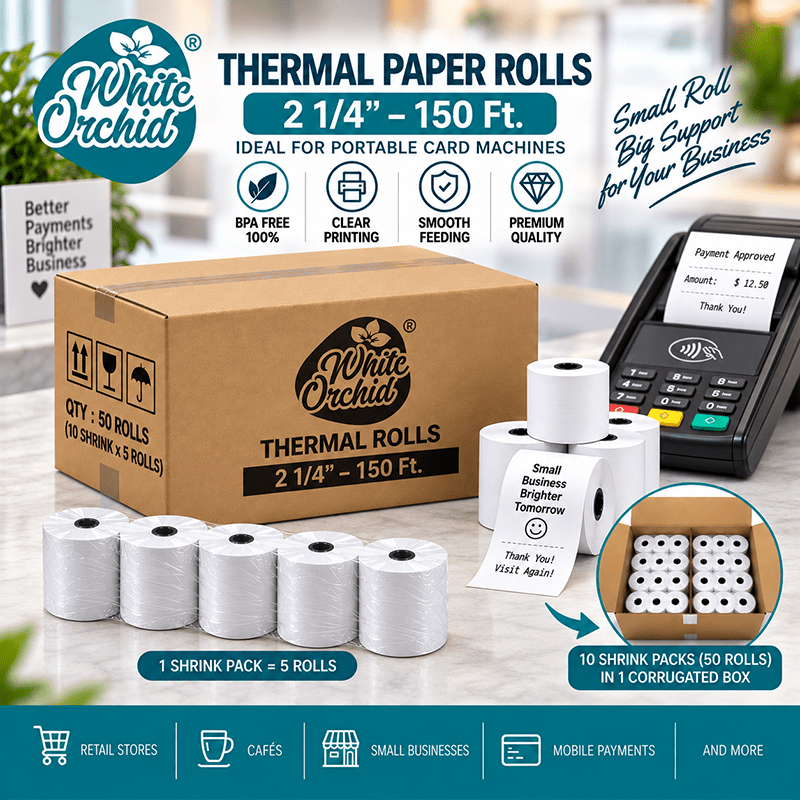 Thermal Roll 2 1/4 Inch x 150 ft manufacturer and exporter in Ahmedabad India - White Orchid product detail