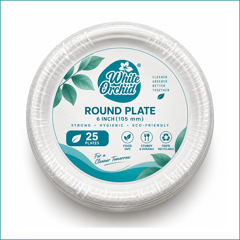 Manufacturer Exporter of Bagasse Round Plate 6 Inch in Ahmedabad - India