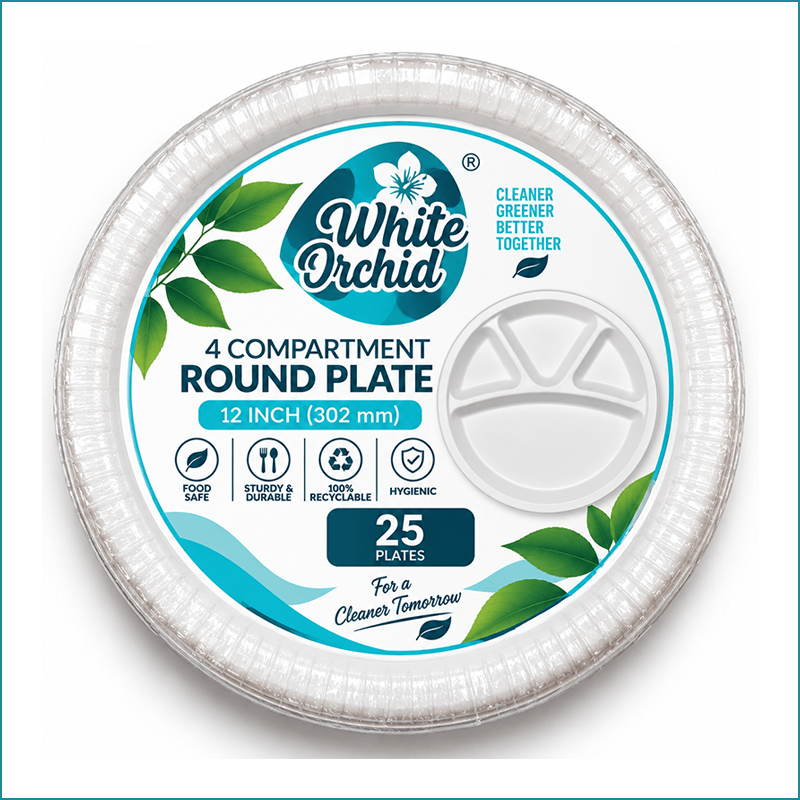 Manufacturer Exporter of Bagasse 4 Compartment Round Plate 12 Inch in Ahmedabad - India