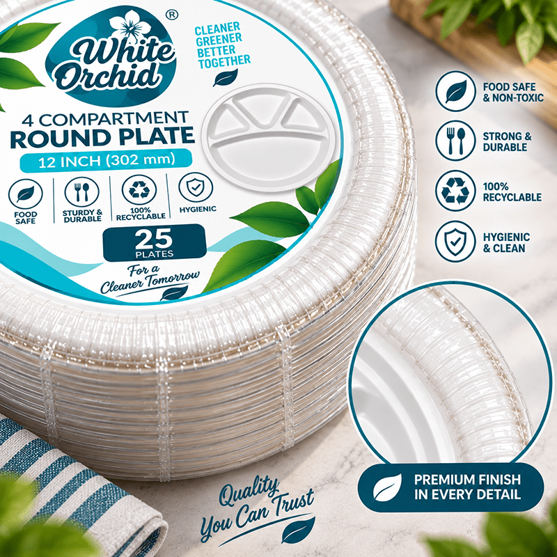 Bagasse 4 Compartment Round Plate 12 Inch manufacturer and exporter in Ahmedabad India - White Orchid bulk packing