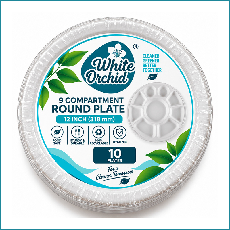 Manufacturer Exporter of Bagasse 9 Compartment Round Plate 12 Inch in Ahmedabad - India