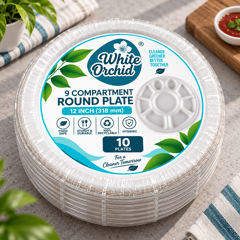 Bagasse 9 Compartment Round Plate 12 Inch manufacturer and exporter in Ahmedabad India - White Orchid pack view