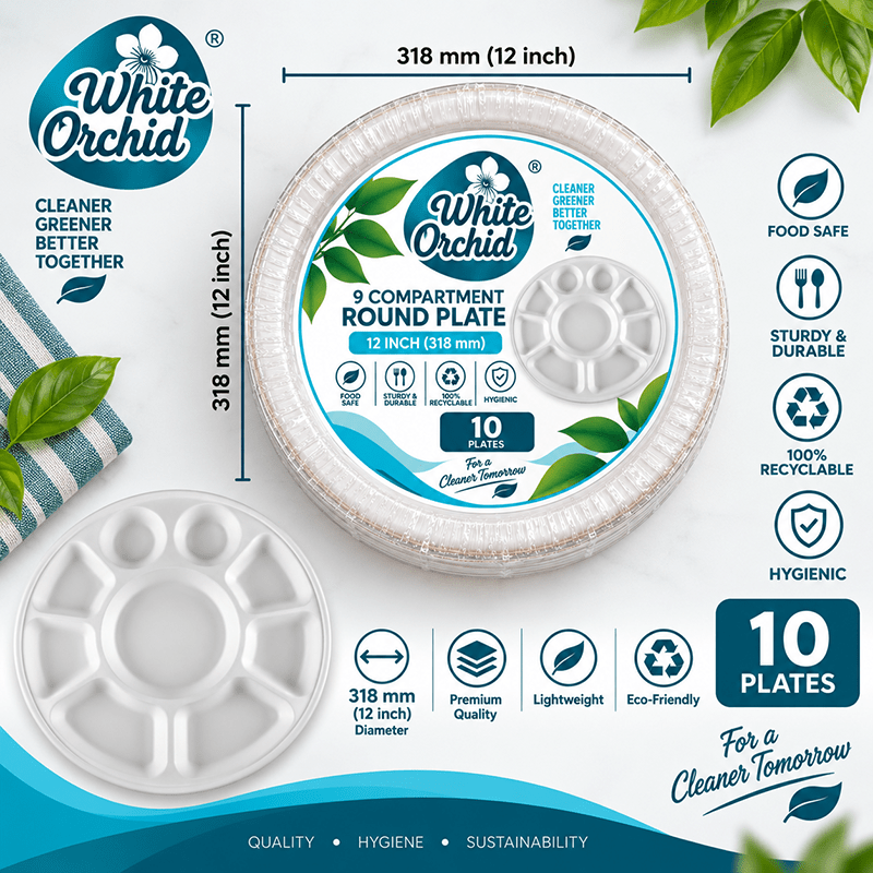 Bagasse 9 Compartment Round Plate 12 Inch manufacturer and exporter in Ahmedabad India - White Orchid close up