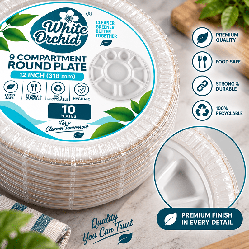 Bagasse 9 Compartment Round Plate 12 Inch manufacturer and exporter in Ahmedabad India - White Orchid bulk packing