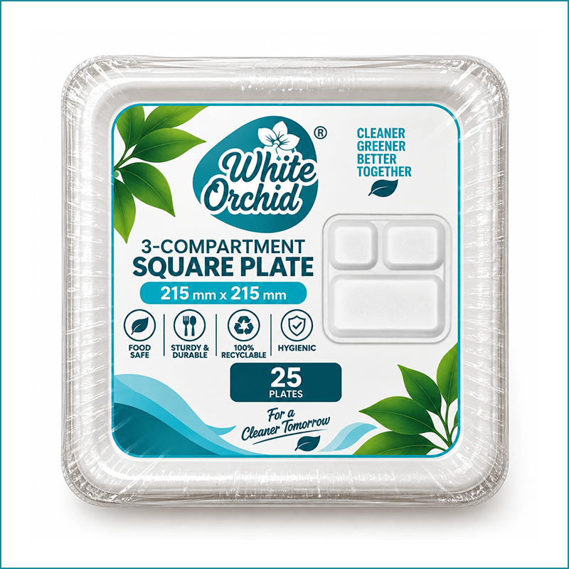 Manufacturer Exporter of Bagasse 3 Compartment Square Plate in Ahmedabad - India