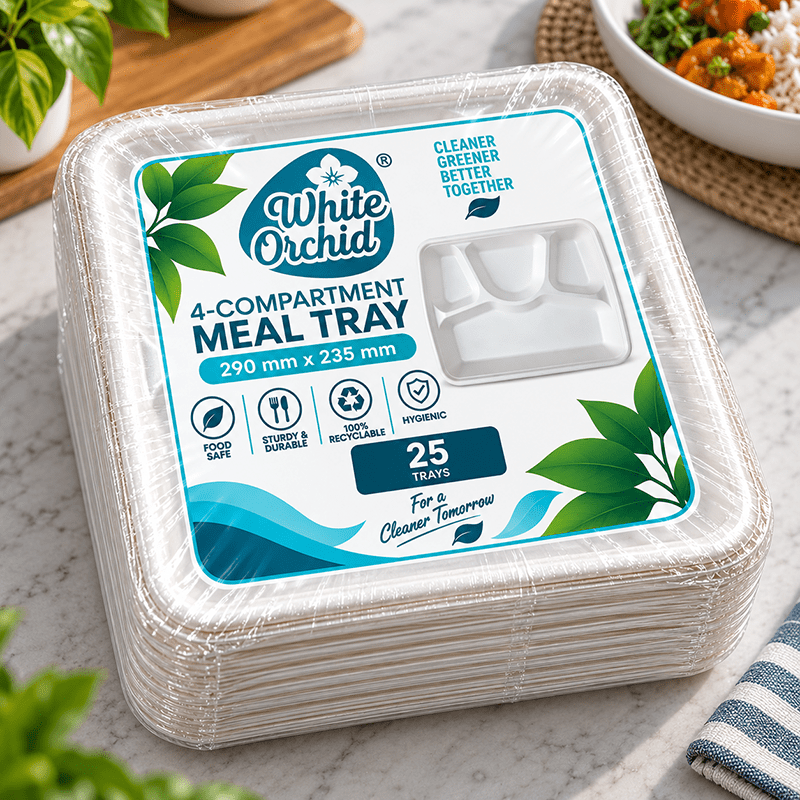 Bagasse 4 Compartment Meal Tray manufacturer and exporter in Ahmedabad India - White Orchid pack view