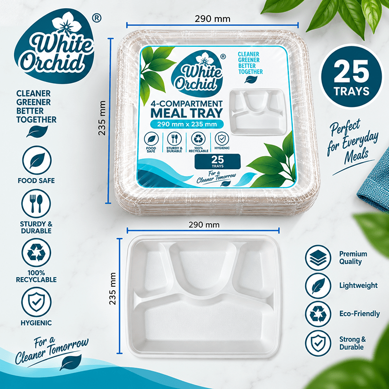 Bagasse 4 Compartment Meal Tray manufacturer and exporter in Ahmedabad India - White Orchid close up