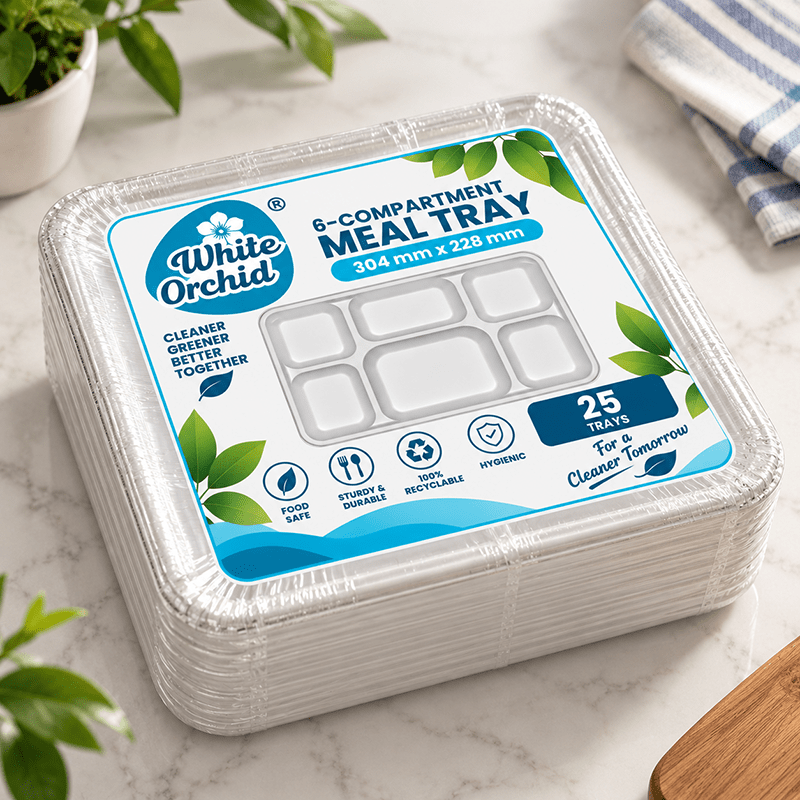Bagasse 6 Compartment Meal Tray manufacturer and exporter in Ahmedabad India - White Orchid pack view