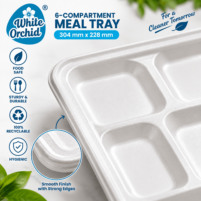 Bagasse 6 Compartment Meal Tray manufacturer and exporter in Ahmedabad India - White Orchid bulk packing