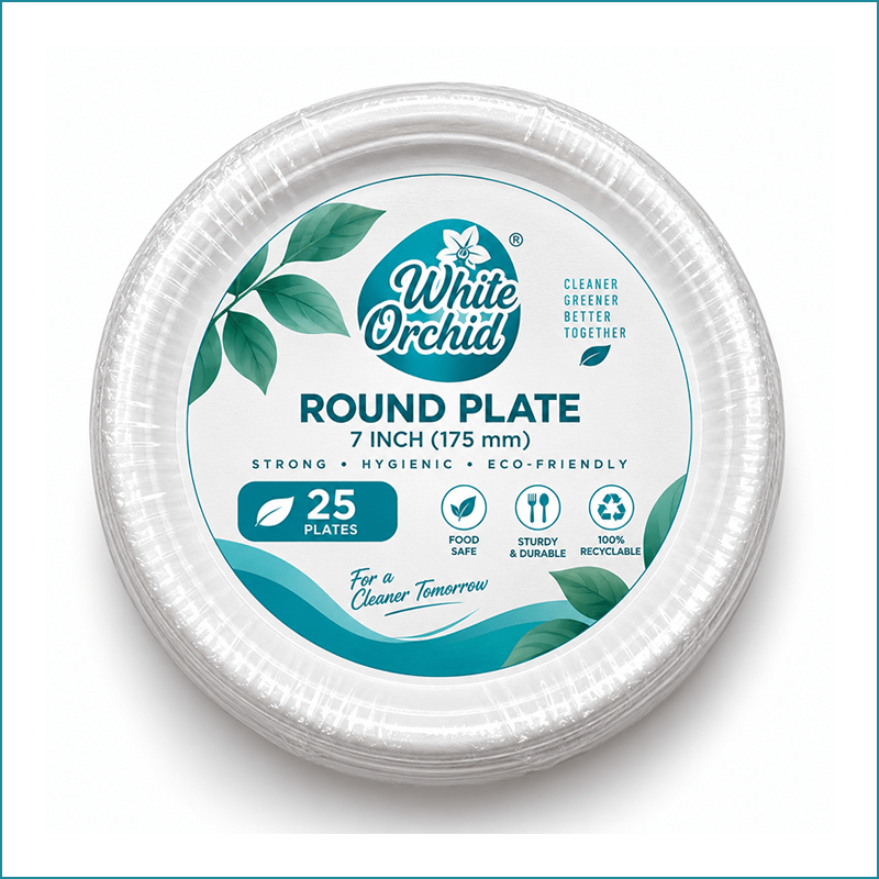 Manufacturer Exporter of Bagasse Round Plate 7 Inch in Ahmedabad - India