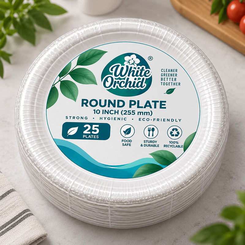 Bagasse Round Plate 10 Inch manufacturer and exporter in Ahmedabad India - White Orchid pack view
