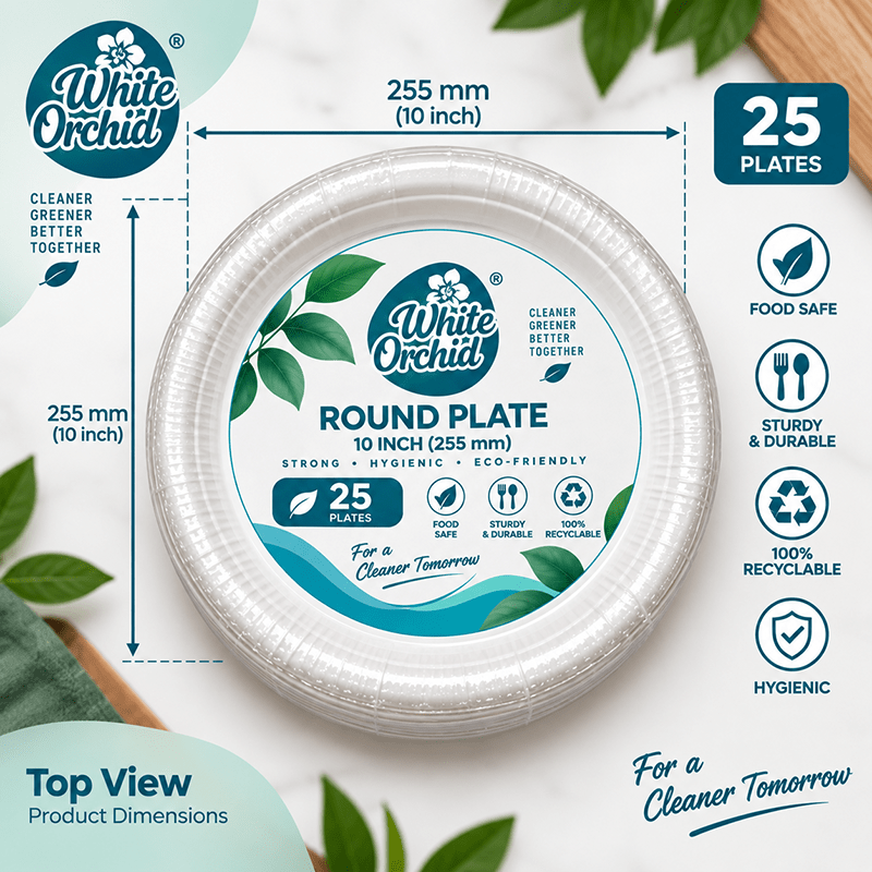 Bagasse Round Plate 10 Inch manufacturer and exporter in Ahmedabad India - White Orchid close up