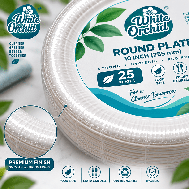 Bagasse Round Plate 10 Inch manufacturer and exporter in Ahmedabad India - White Orchid bulk packing
