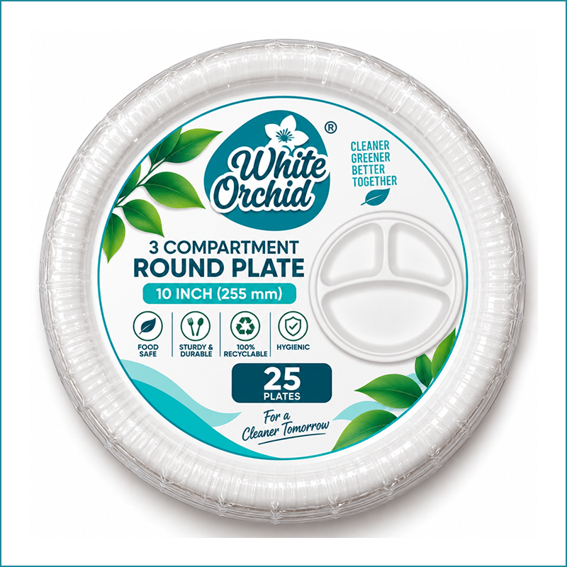 Manufacturer Exporter of Bagasse 3 Compartment Round Plate 10 Inch in Ahmedabad - India