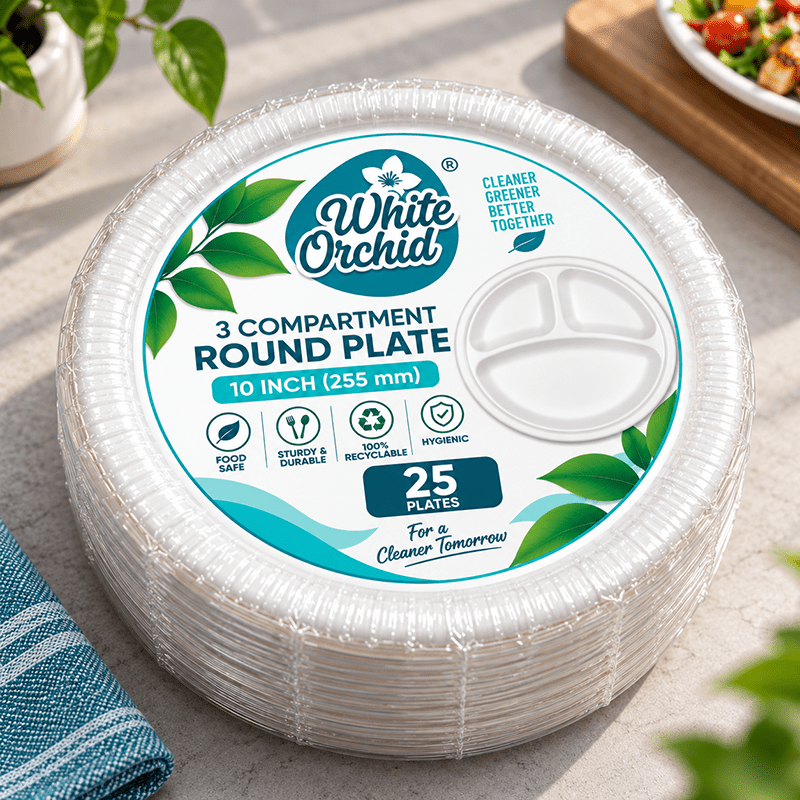 Bagasse 3 Compartment Round Plate 10 Inch manufacturer and exporter in Ahmedabad India - White Orchid pack view