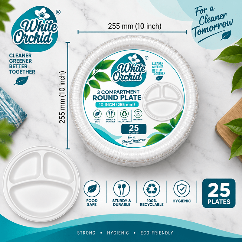 Bagasse 3 Compartment Round Plate 10 Inch manufacturer and exporter in Ahmedabad India - White Orchid close up