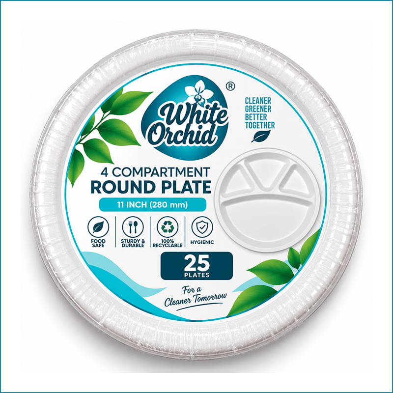 Manufacturer Exporter of Bagasse 4 Compartment Round Plate 11 Inch in Ahmedabad - India