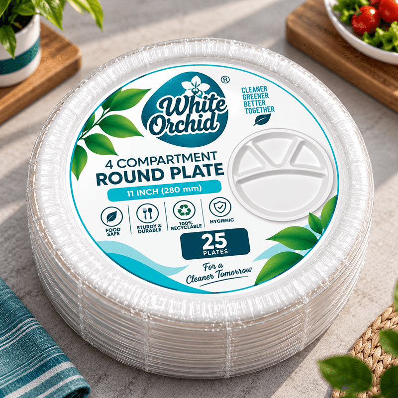 Bagasse 4 Compartment Round Plate 11 Inch manufacturer and exporter in Ahmedabad India - White Orchid pack view
